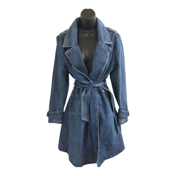 Stunning Blue jeans denim double breasted belted trenchcoat size large new‎ - Picture 1 of 17